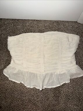 Free People Cream Smocked Strapless Top with Peplum Detail